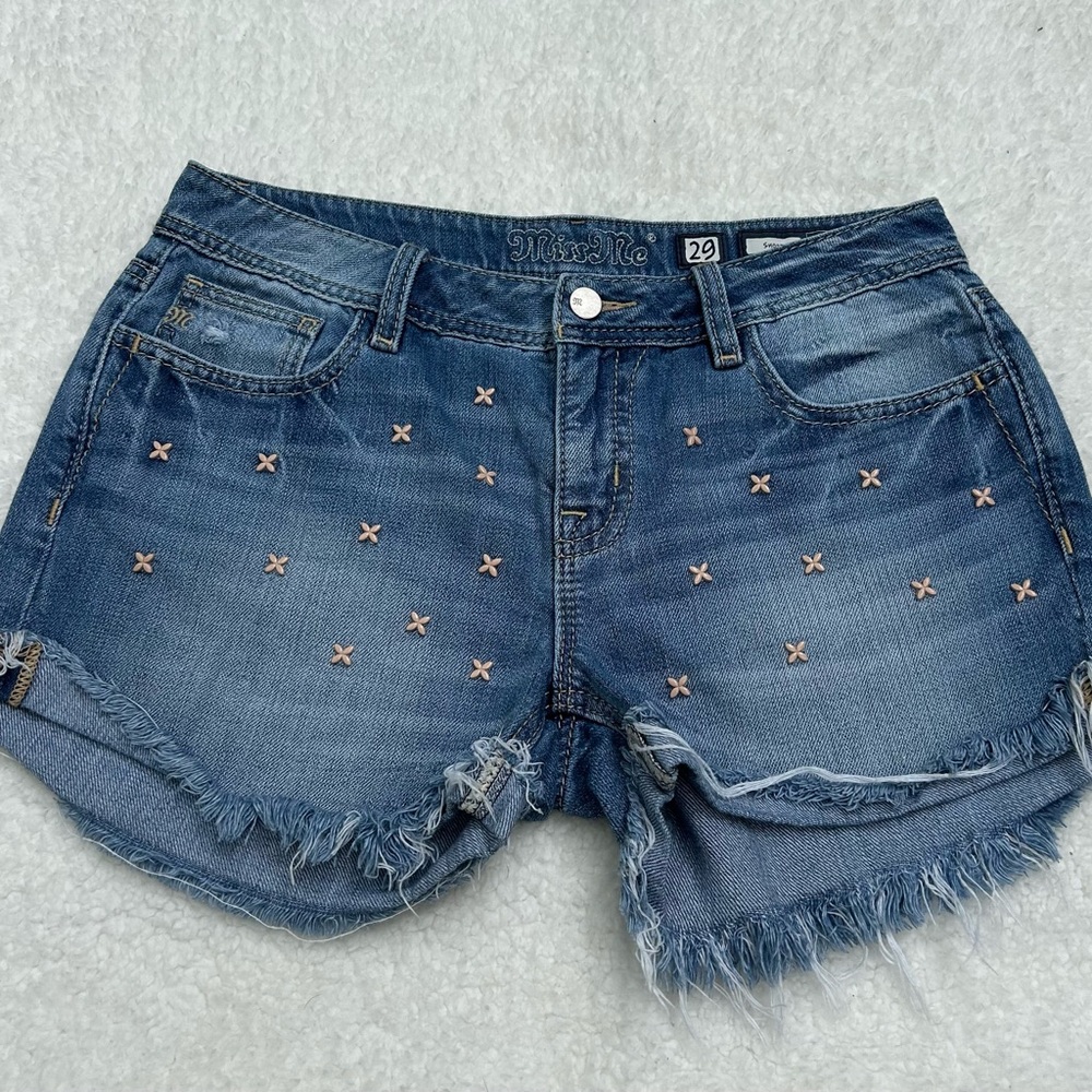 Miss Me Blue Denim Studded Frayed Hem Jean Shorts